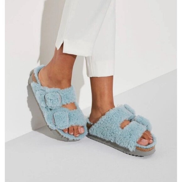 Birkenstock Arizona Big Buckle Shearling Teddy Blue Platform Sandals Women EU 42 - Picture 1 of 13